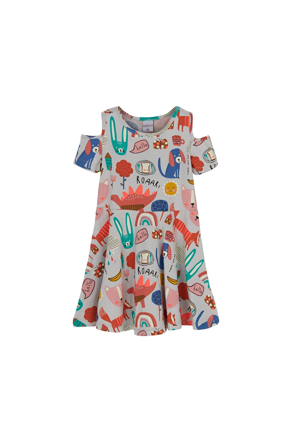 Girl's Roaring Animals Pattern Half Sleeve Off-the-Shoulder Dress