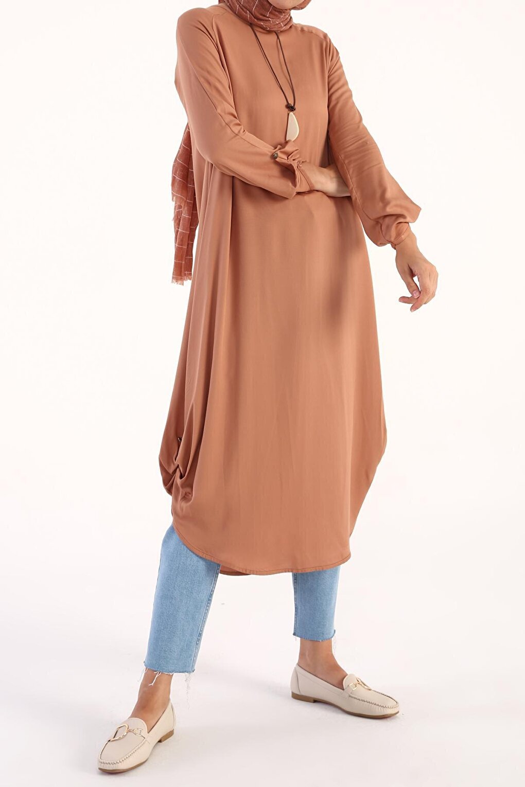 Dark Salmon Raglan Viscose Tunic with Necklace