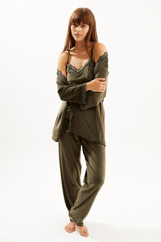 Women's Khaki Soft Velvet Three-quarter Sleeve Rope Strap Trousers 3-Piece Pajama Set