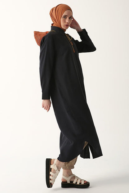 Navy Blue Basic Long Shirt Tunic with Hidden Placket