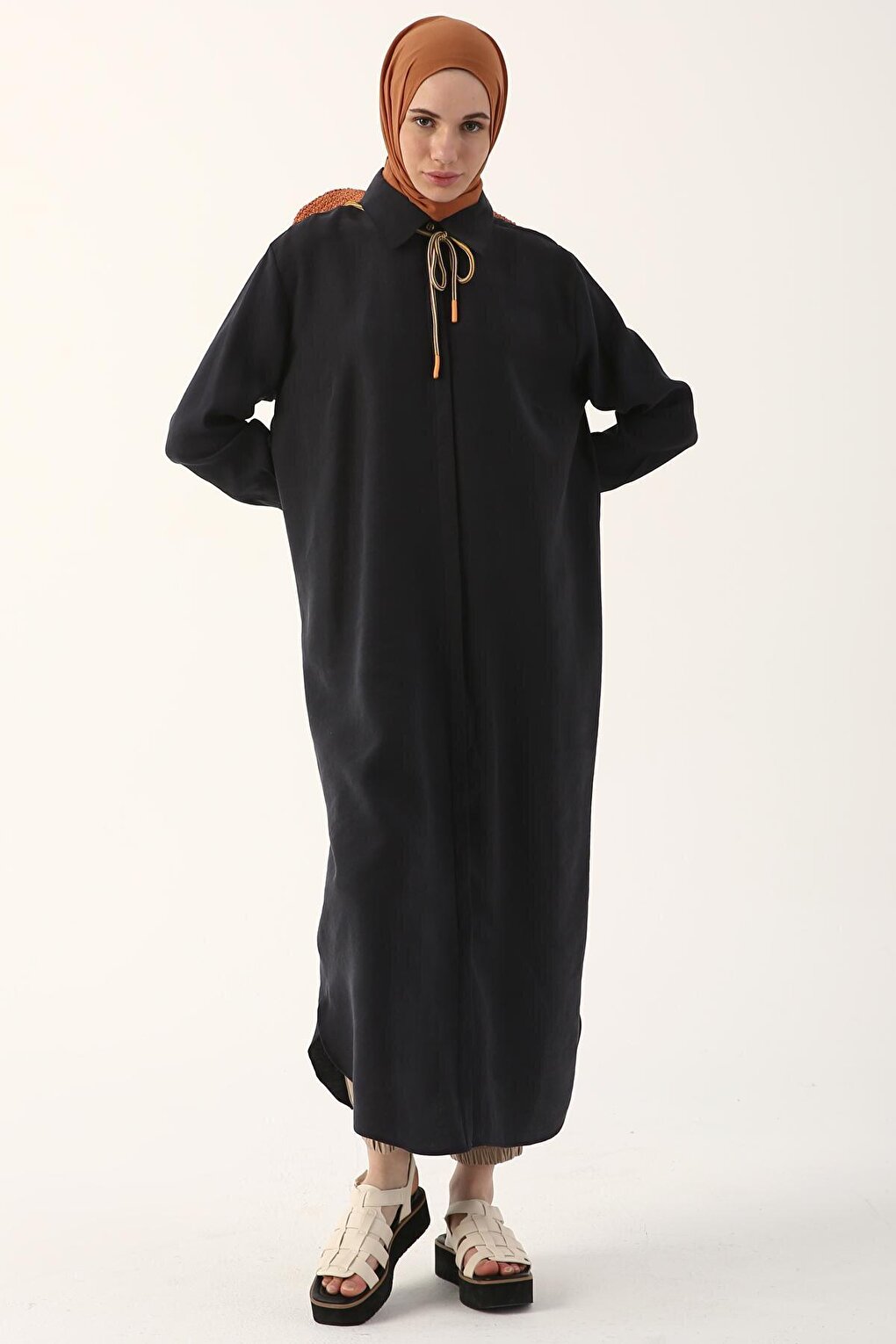 Navy Blue Basic Long Shirt Tunic with Hidden Placket