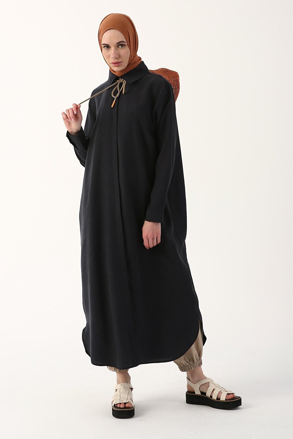 Navy Blue Basic Long Shirt Tunic with Hidden Placket