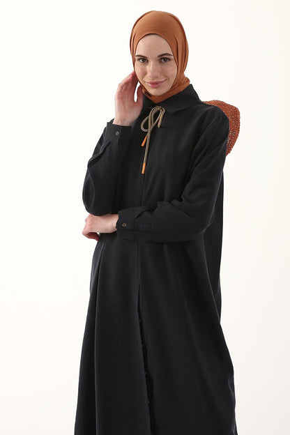 Navy Blue Basic Long Shirt Tunic with Hidden Placket