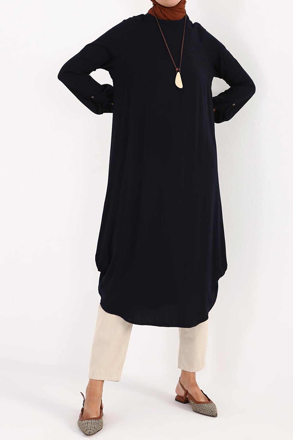 Navy Blue Raglan Viscose Tunic with Necklace