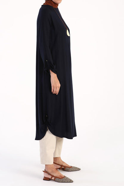 Navy Blue Raglan Viscose Tunic with Necklace