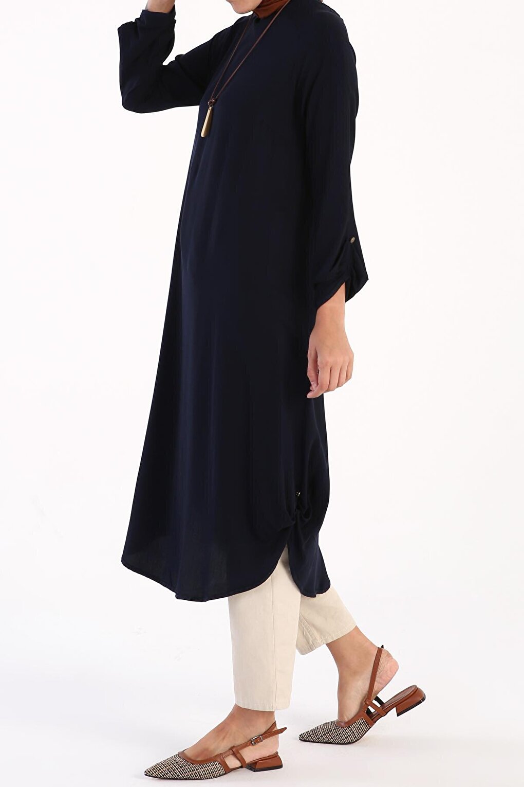 Navy Blue Raglan Viscose Tunic with Necklace