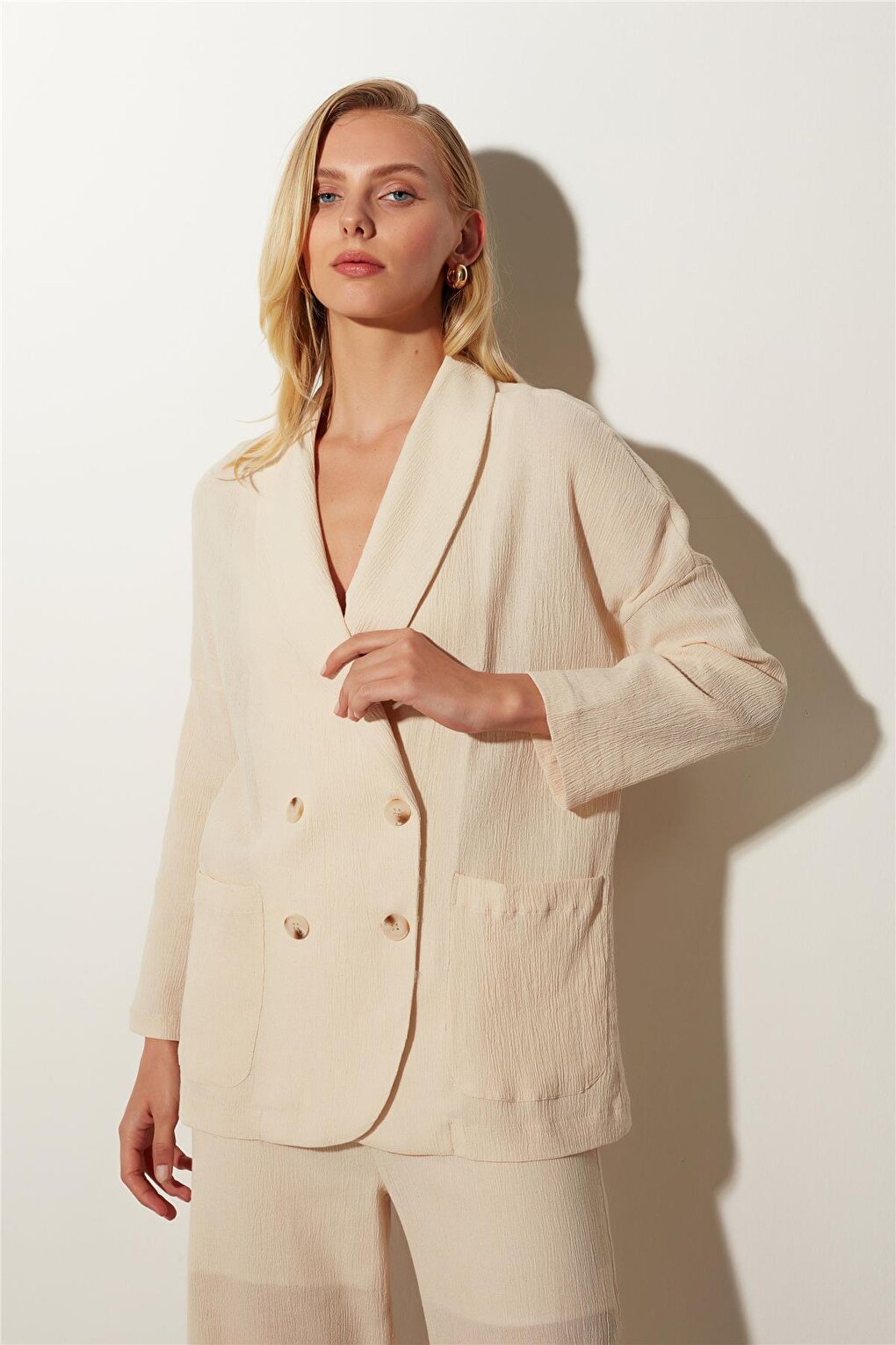 Ecru Double Breasted Lapel Linen Blazer Jacket SS23J4797EK