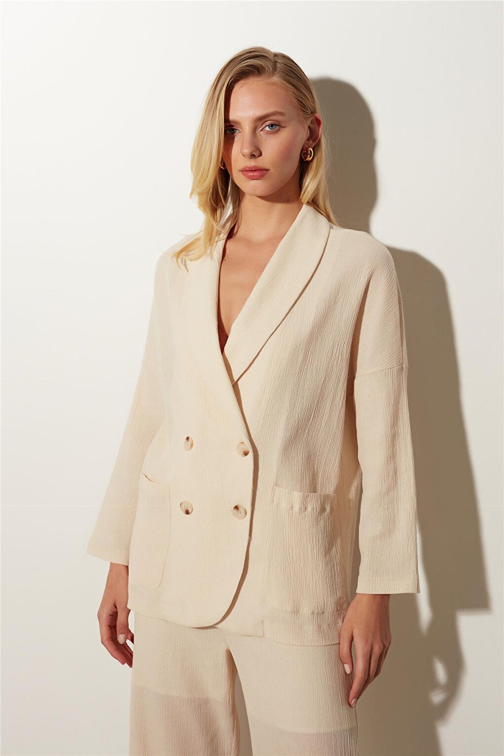 Ecru Double Breasted Lapel Linen Blazer Jacket SS23J4797EK