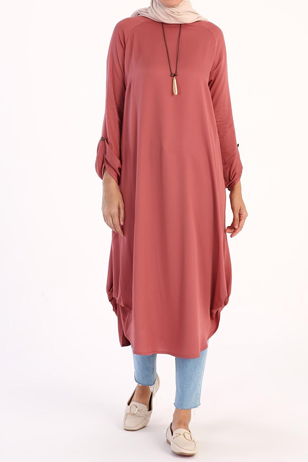 Dark Rose Raglan Viscose Tunic with Necklace