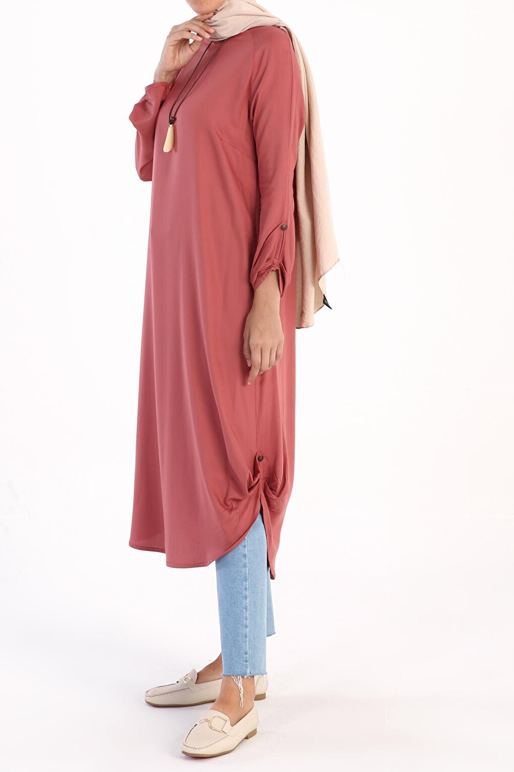 Dark Rose Raglan Viscose Tunic with Necklace