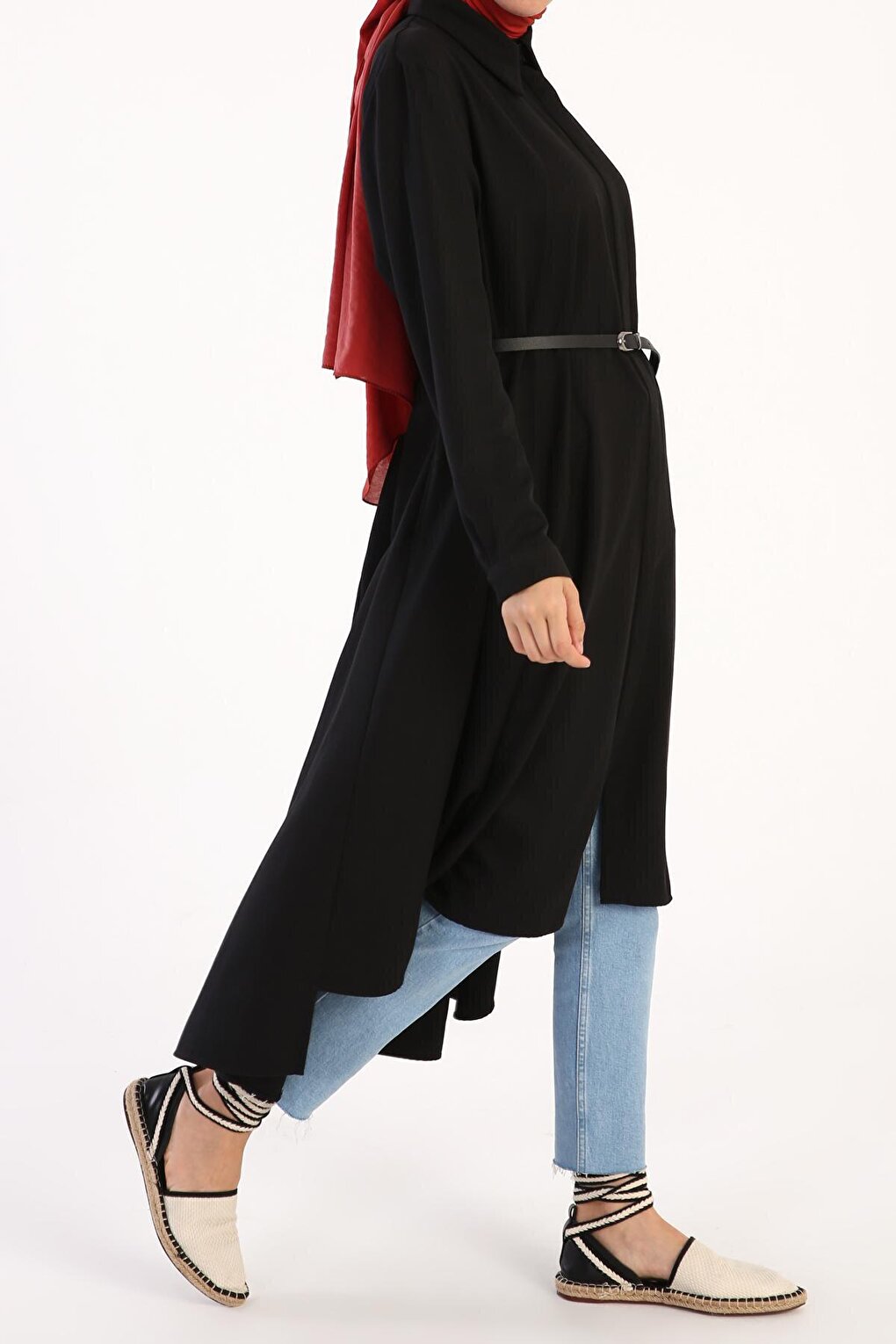 Black Belted Buttoned Casual Shirt Tunic