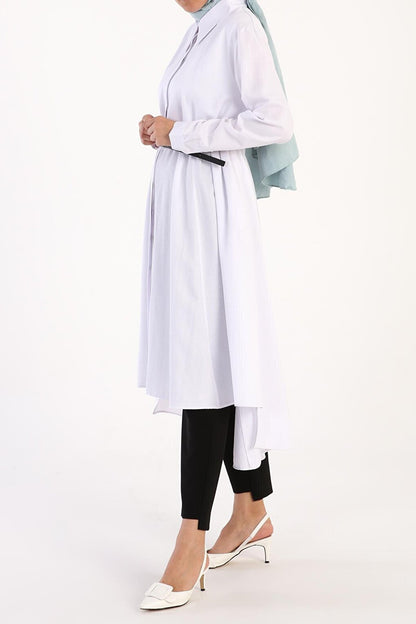 White Belted Buttoned Casual Shirt Tunic