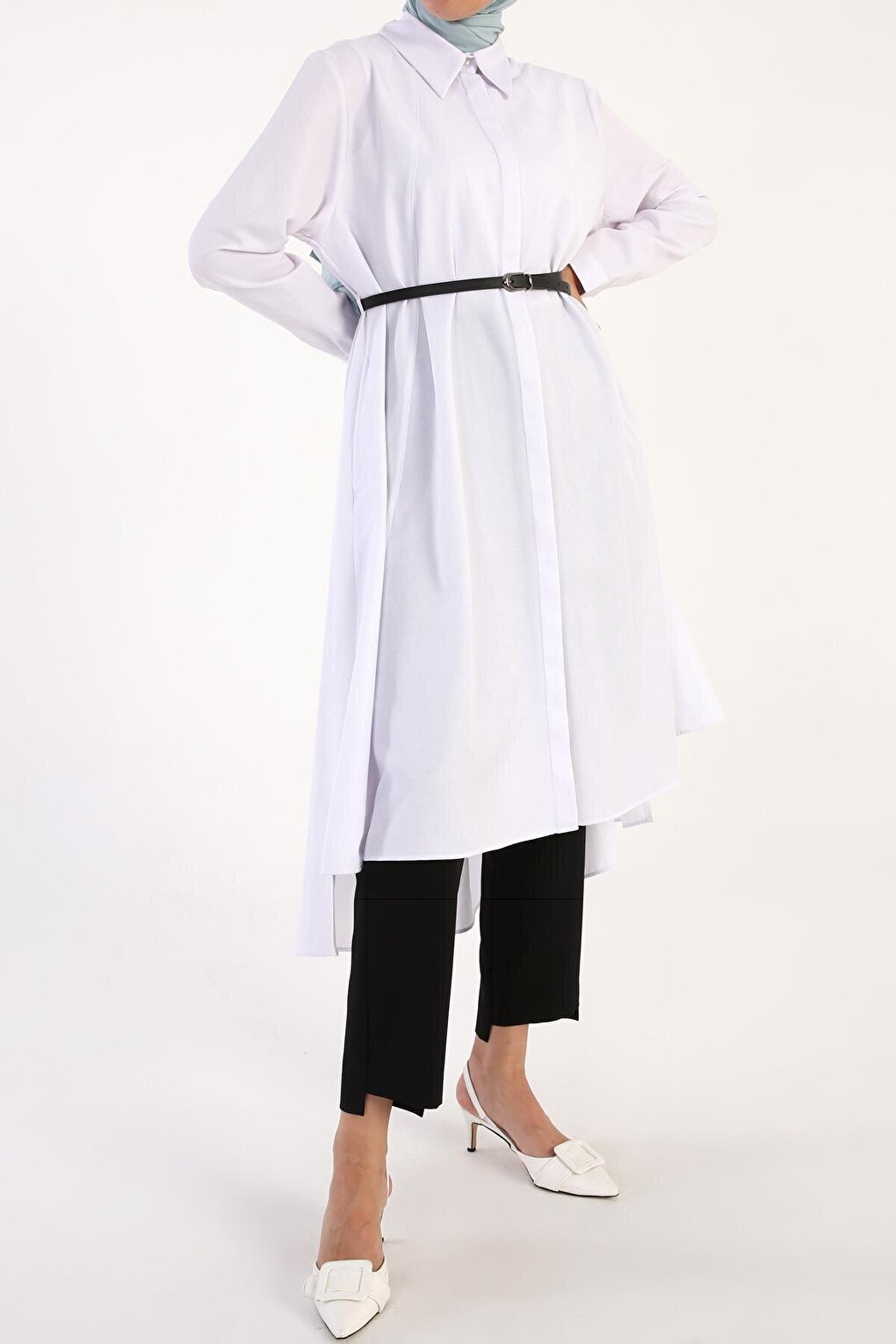 White Belted Buttoned Casual Shirt Tunic