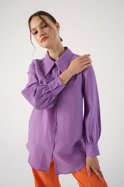 Purple Pointed Collar Linen Shirt Tunic