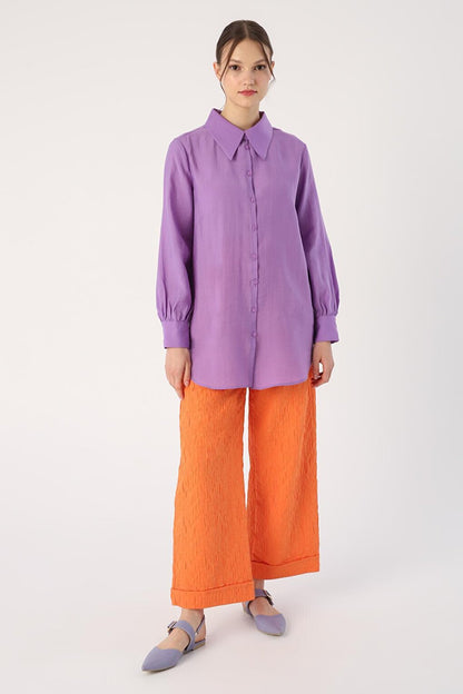 Purple Pointed Collar Linen Shirt Tunic