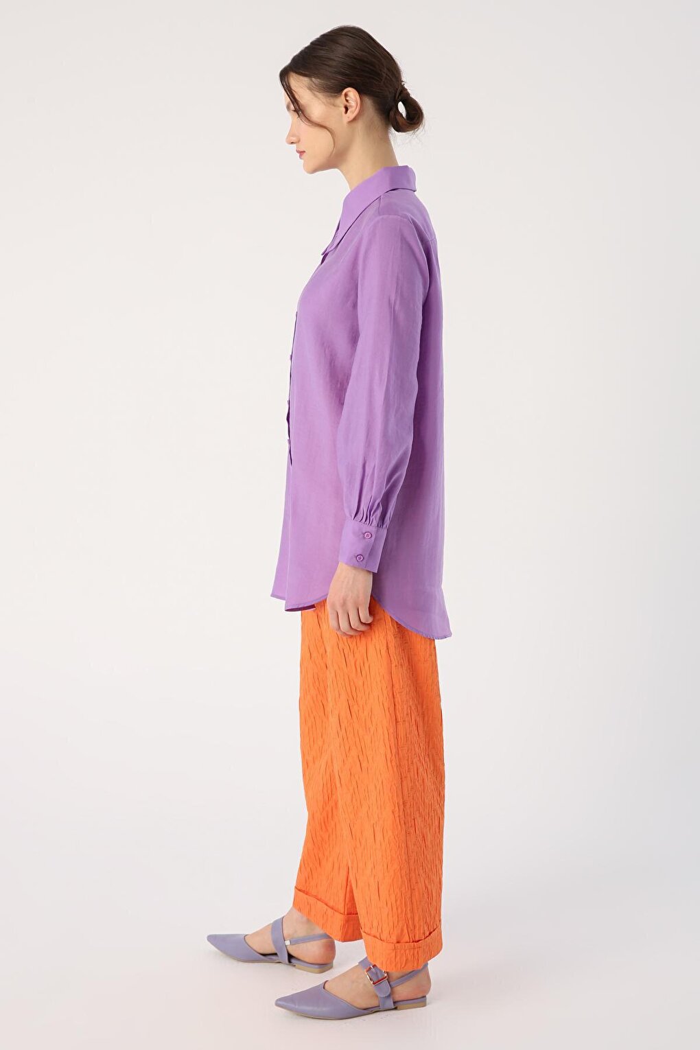 Purple Pointed Collar Linen Shirt Tunic