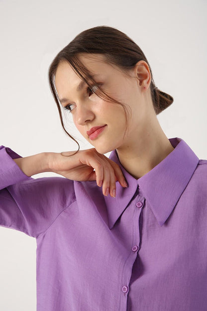 Purple Pointed Collar Linen Shirt Tunic