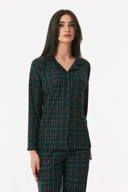 Plaid Patterned Shirt Collar Pajama Set