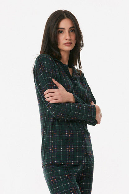 Plaid Patterned Shirt Collar Pajama Set