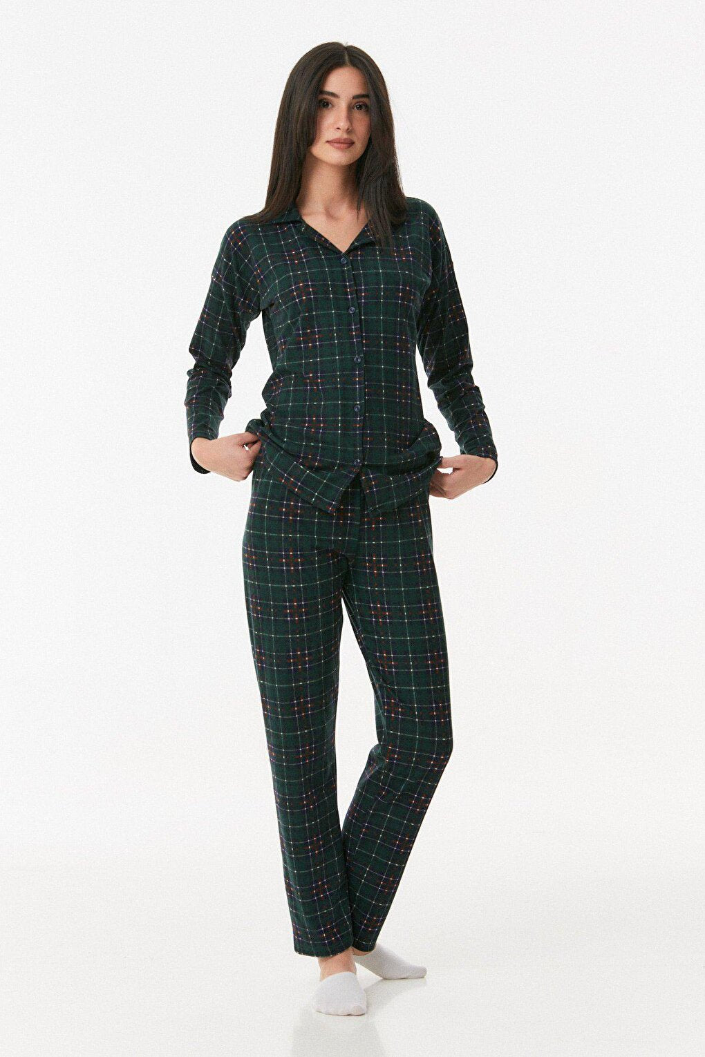 Plaid Patterned Shirt Collar Pajama Set