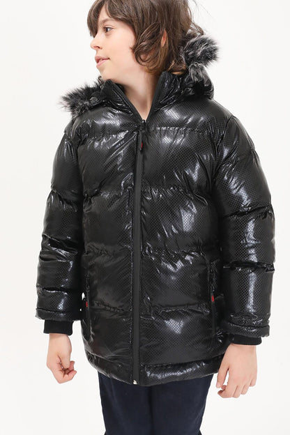 Boys' Hexagon Patterned Black Inflatable Coat 15492