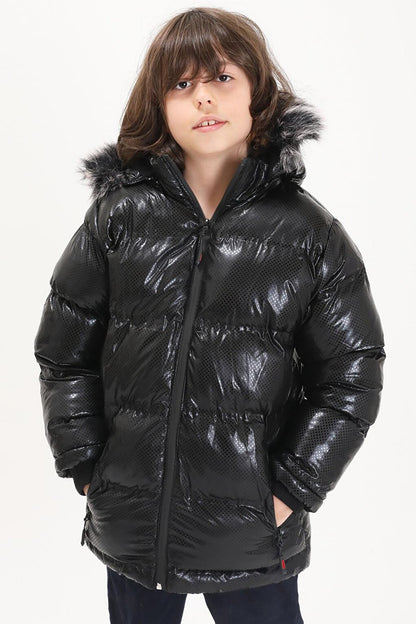 Boys' Hexagon Patterned Black Inflatable Coat 15492