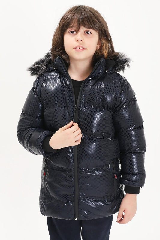 Boy's Hexagon Patterned Navy Blue Puffer Coat 15590