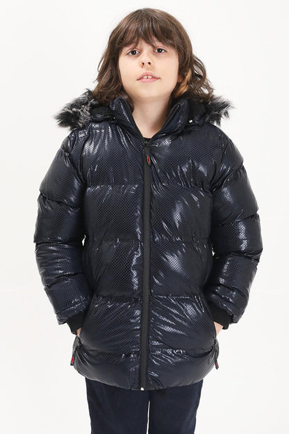 Boy's Hexagon Patterned Navy Blue Puffer Coat 15590