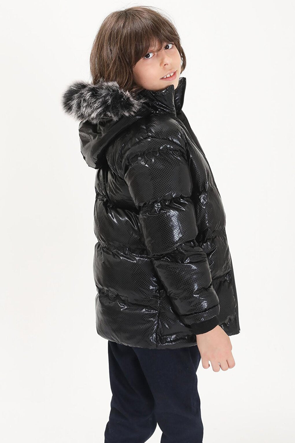 Boys' Hexagon Patterned Black Inflatable Coat 15492