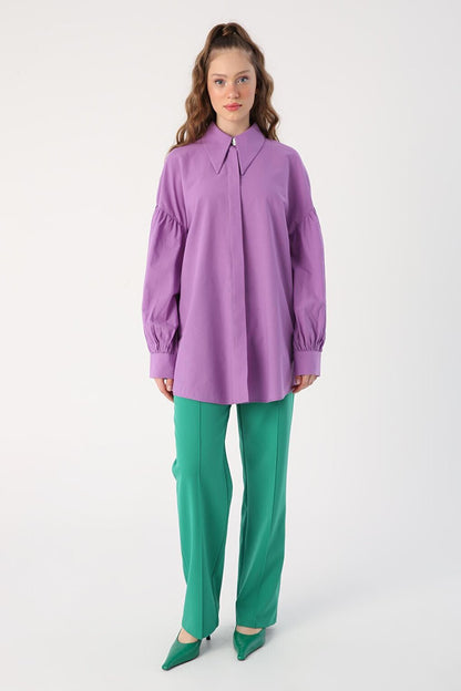 Purple Oversize Pointed Collar Cotton Shirt Tunic