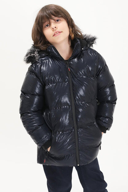 Boy's Hexagon Patterned Navy Blue Puffer Coat 15590