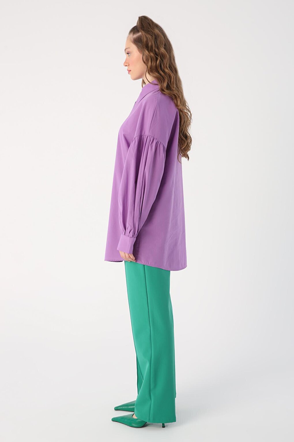 Purple Oversize Pointed Collar Cotton Shirt Tunic