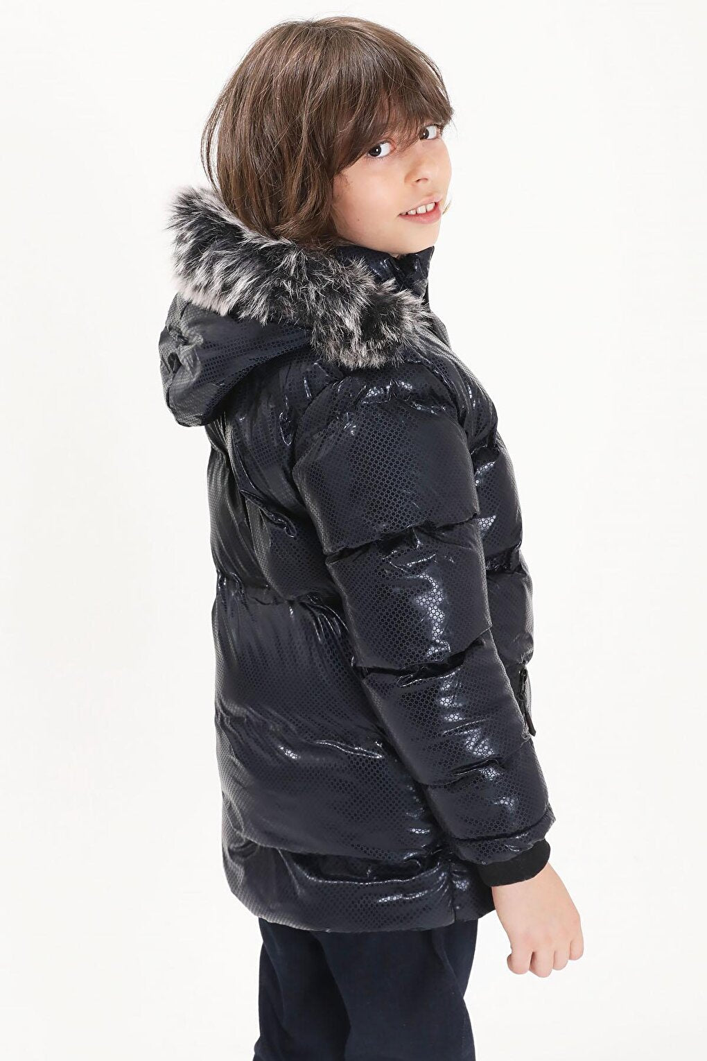 Boy's Hexagon Patterned Navy Blue Puffer Coat 15590