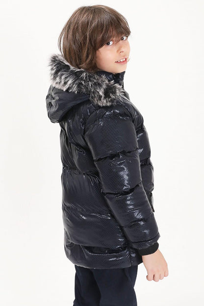 Boy's Hexagon Patterned Navy Blue Puffer Coat 15590