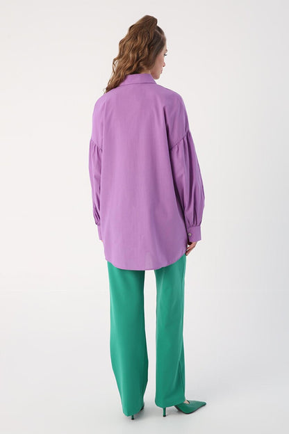 Purple Oversize Pointed Collar Cotton Shirt Tunic