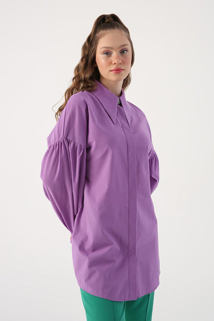 Purple Oversize Pointed Collar Cotton Shirt Tunic