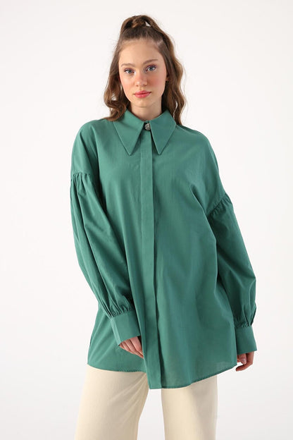 Dark Green Oversize Pointed Collar Cotton Shirt Tunic