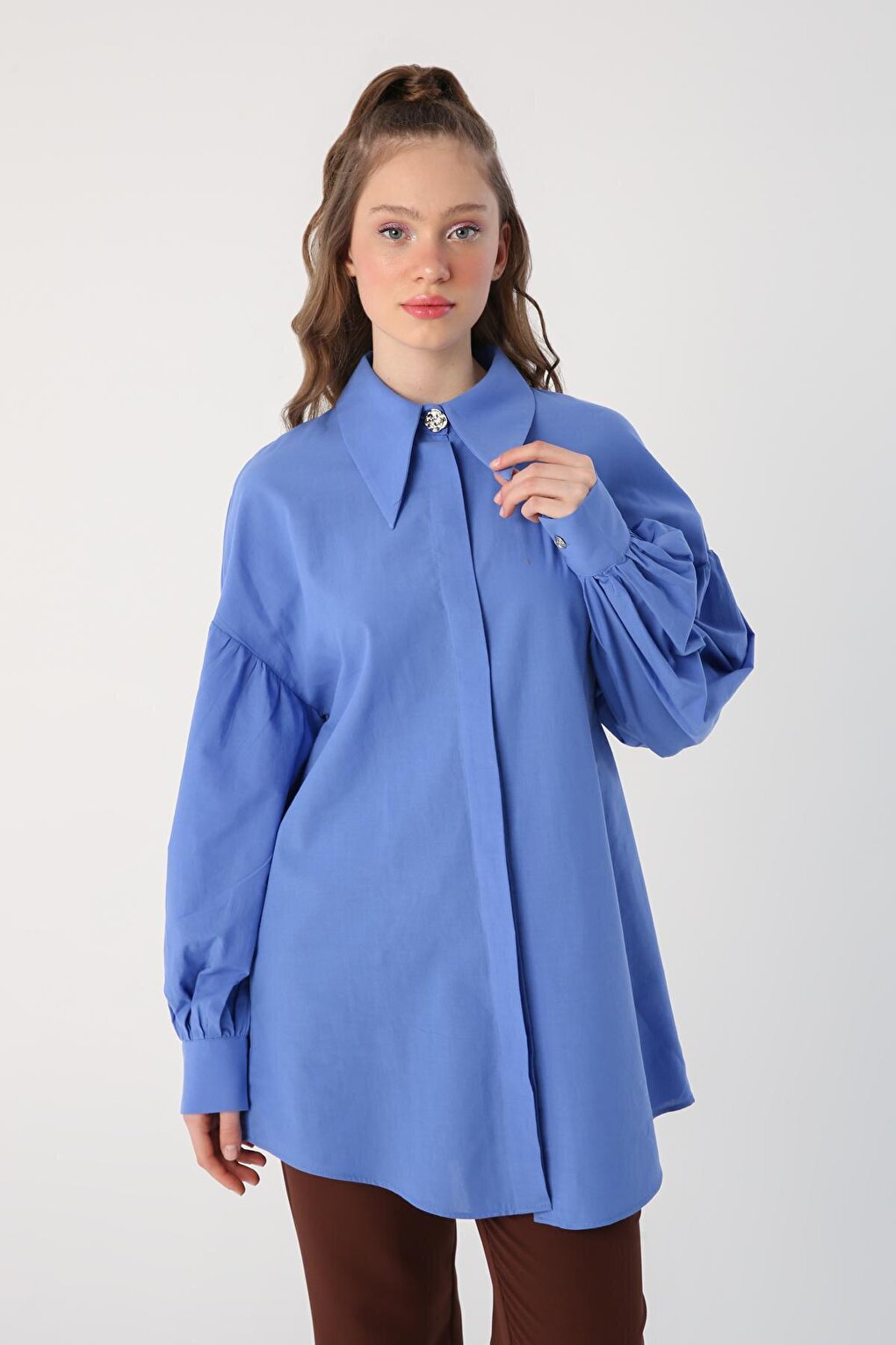 Blue Oversize Pointed Collar Cotton Shirt Tunic