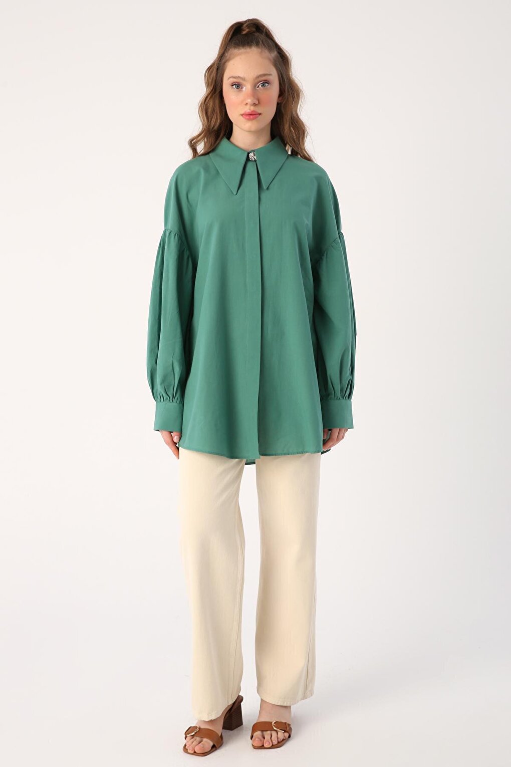 Dark Green Oversize Pointed Collar Cotton Shirt Tunic