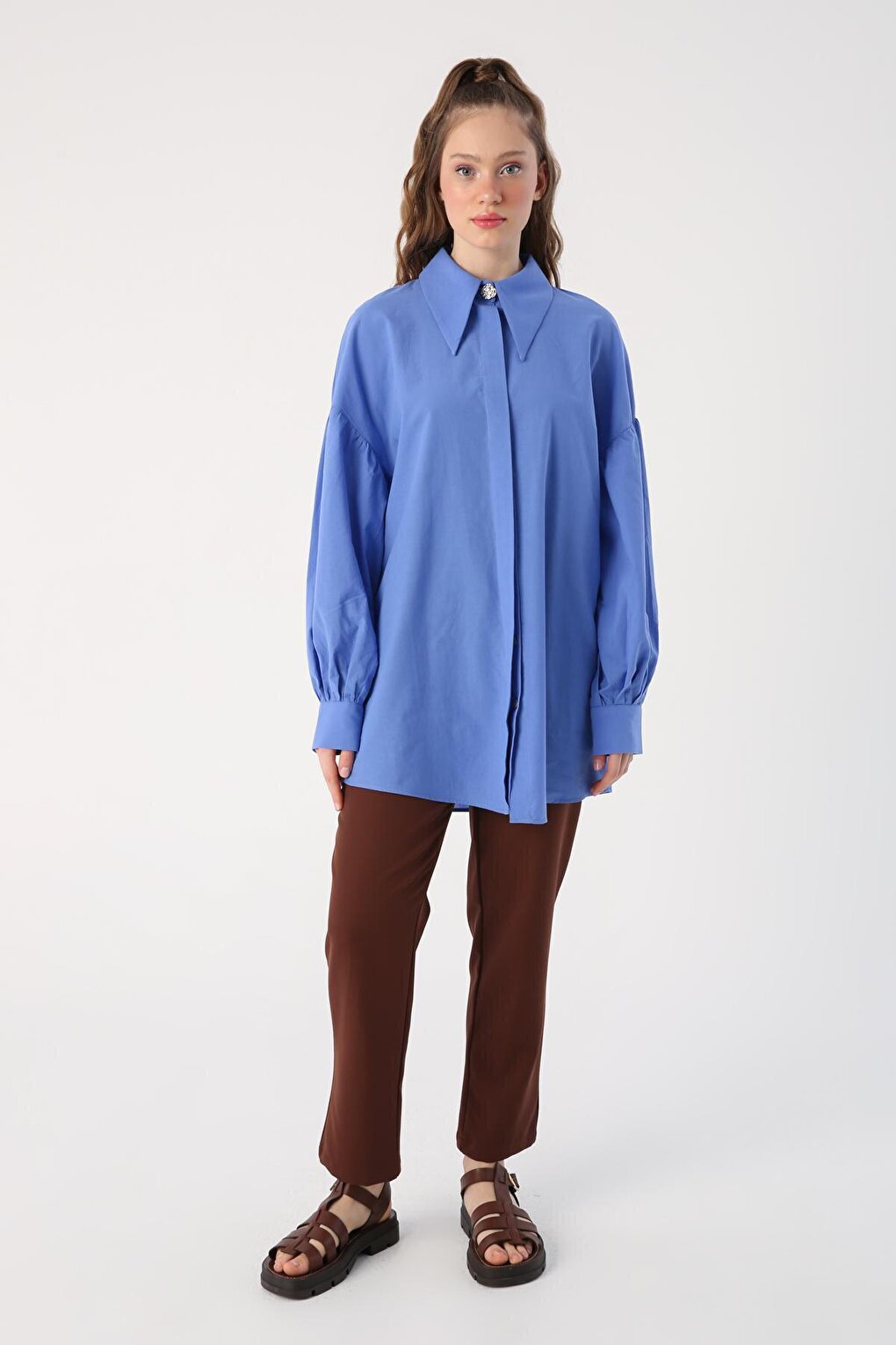 Blue Oversize Pointed Collar Cotton Shirt Tunic