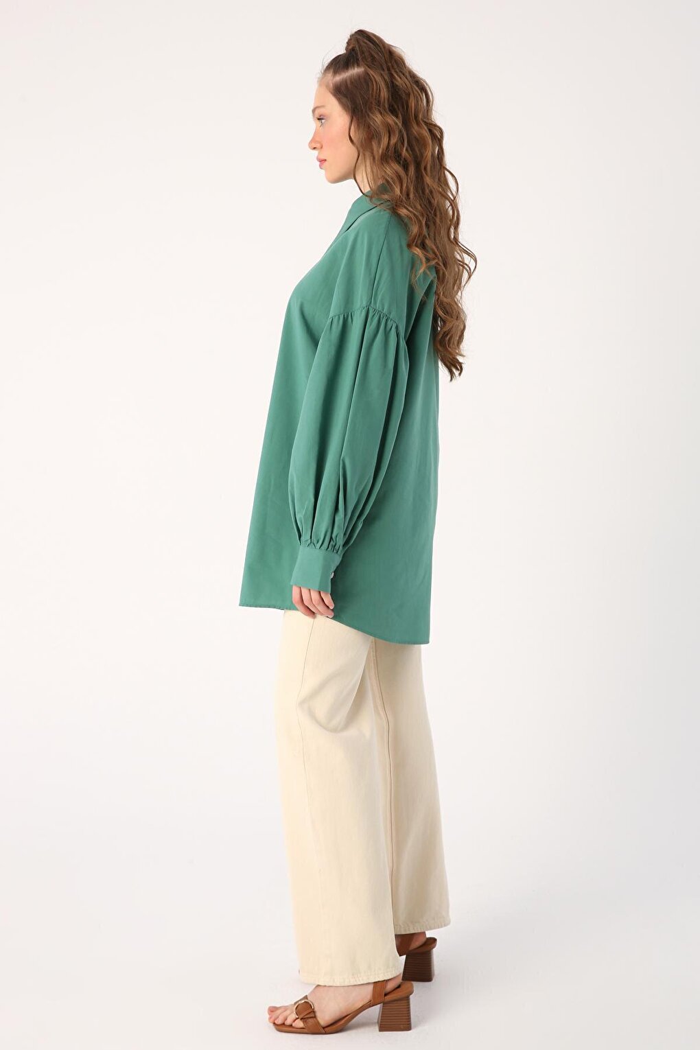 Dark Green Oversize Pointed Collar Cotton Shirt Tunic