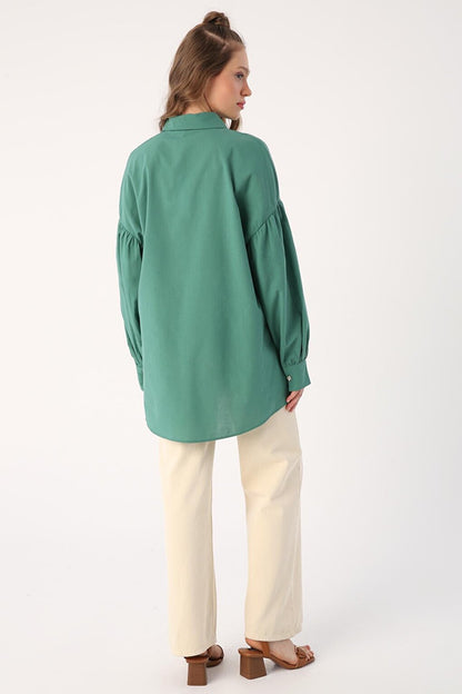 Dark Green Oversize Pointed Collar Cotton Shirt Tunic