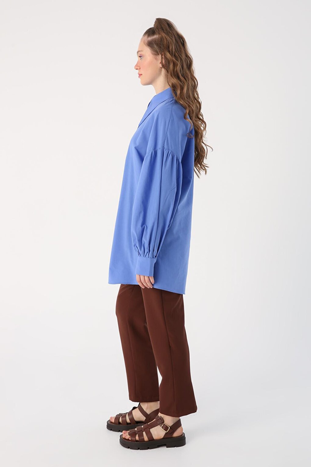 Blue Oversize Pointed Collar Cotton Shirt Tunic