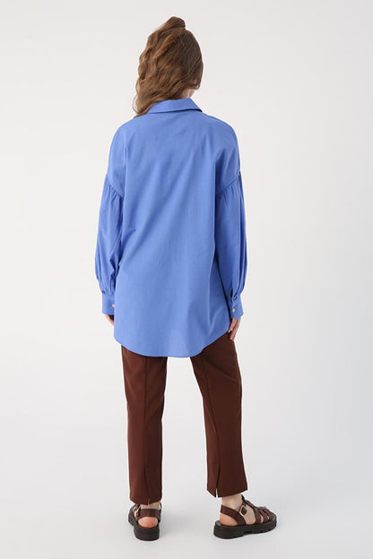 Blue Oversize Pointed Collar Cotton Shirt Tunic