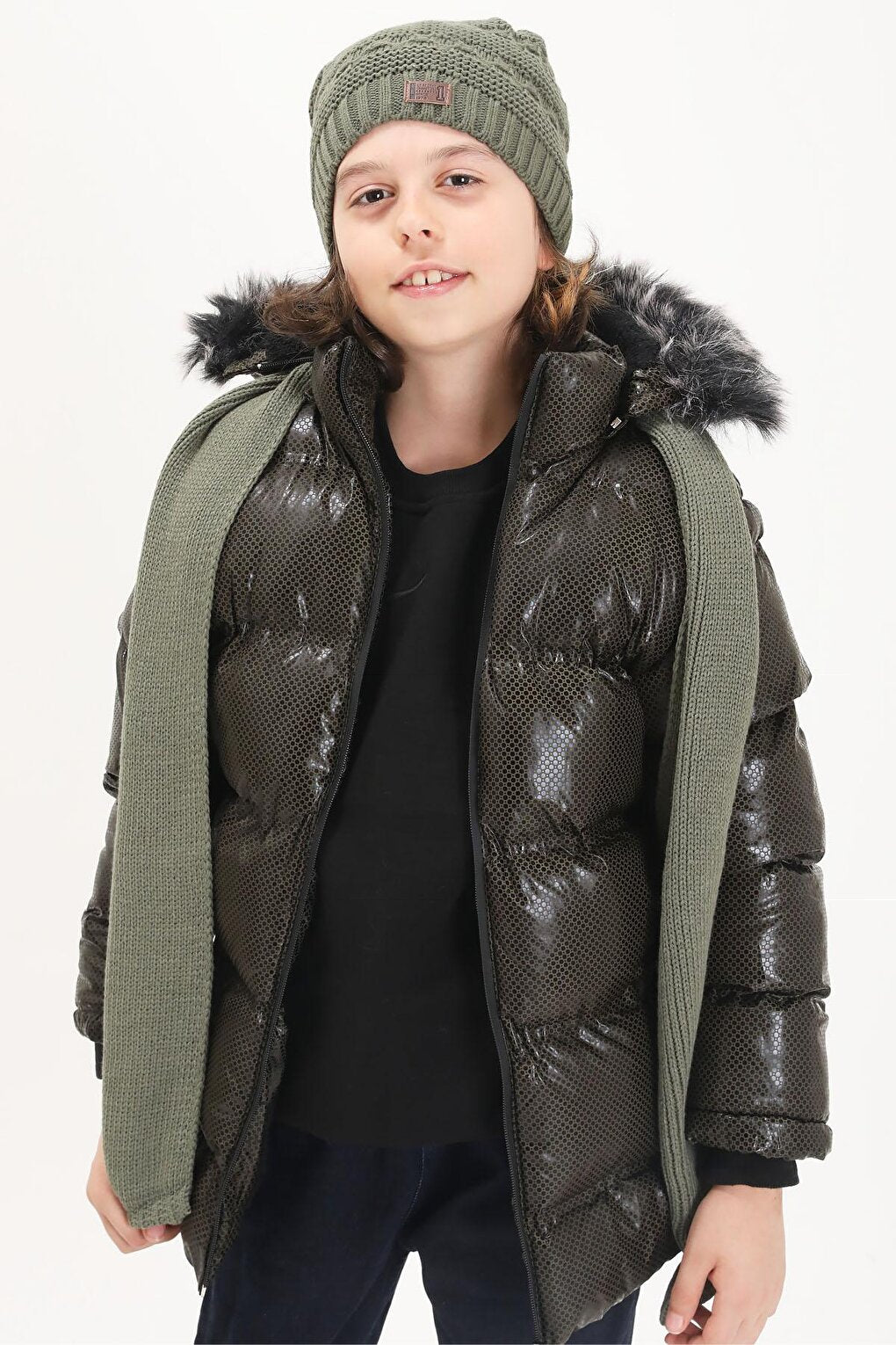 Boy's Hexagon Patterned Green Puffer Coat 15589