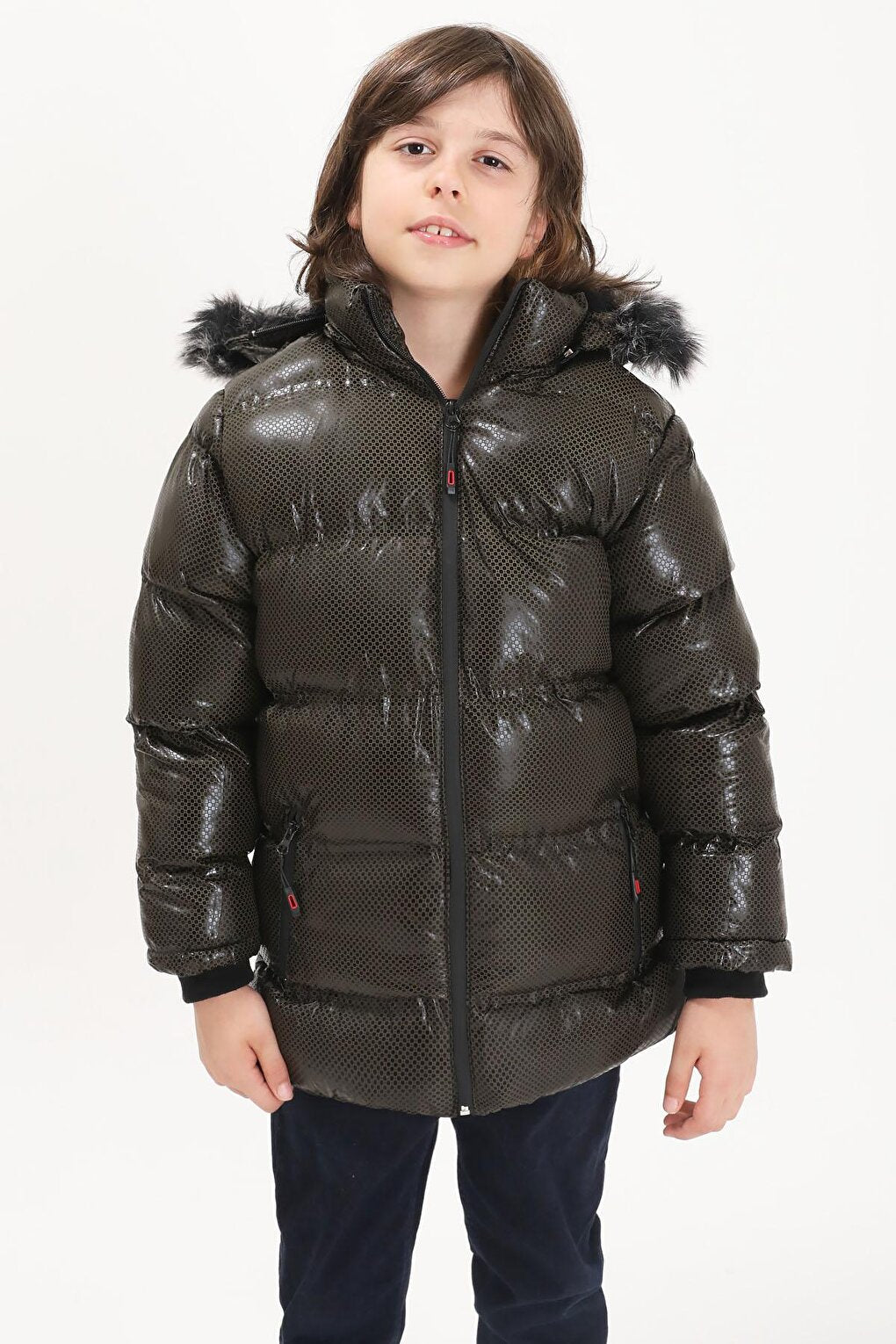 Boy's Hexagon Patterned Green Puffer Coat 15589