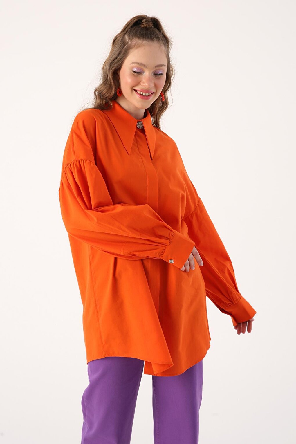 Orange Oversize Pointed Collar Cotton Shirt Tunic