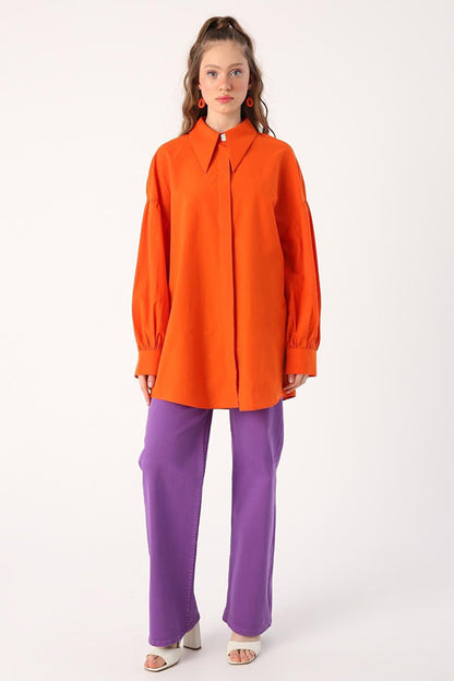 Orange Oversize Pointed Collar Cotton Shirt Tunic