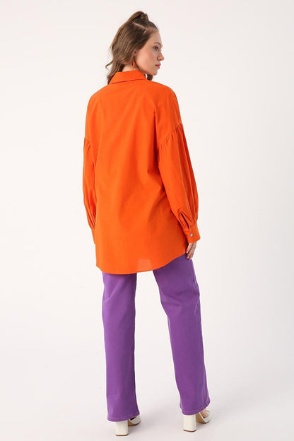 Orange Oversize Pointed Collar Cotton Shirt Tunic