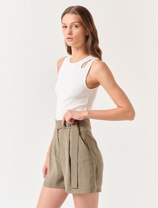 Khaki Straight Cut Normal Waist Plain Voile Shorts